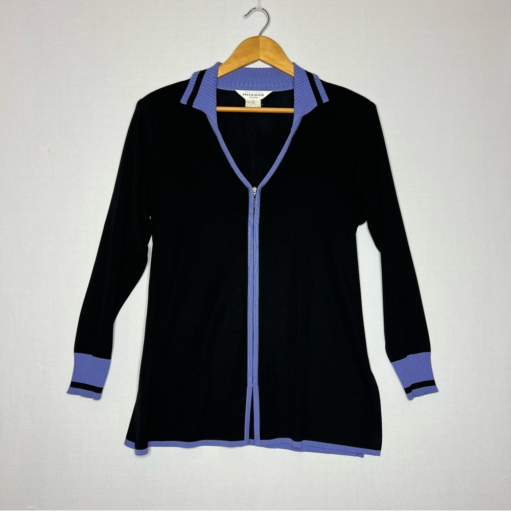 Exclusively Misook Black Blue Colorblock Full Zip Women’s Acrylic Cardigan  PXS